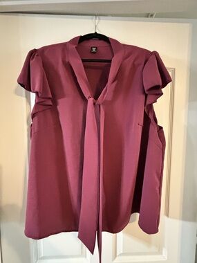 SHEIN Mauve Tie-Neck Ruffle Sleeve Blouse